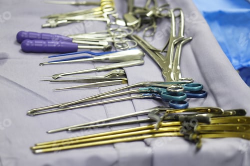Preview: Closeup shot of surgical tools on a tray under the lights - medical concept