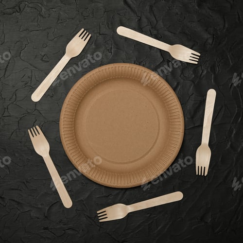 Preview: Disposable brown paper plate and forks