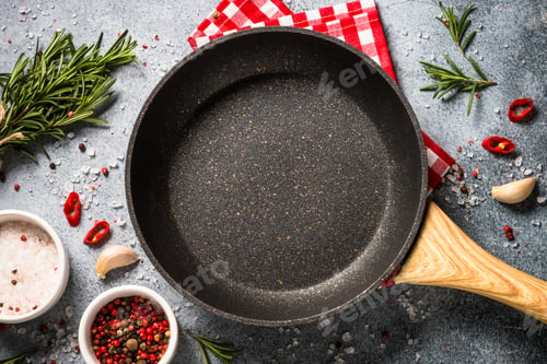 Preview: Food cooking background on kitchen table top view
