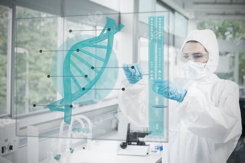 Preview: Chemist Working Cautiously With Blue Liquid And Futuristic Interface With Dna Diagram On It
