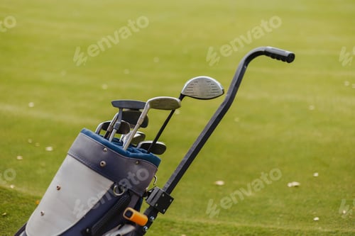 Preview: Golf bag trolley with clubs on green, copy space.