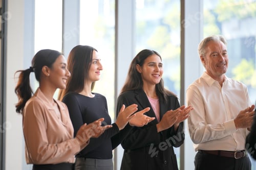 Preview: Diverse business professionals clapping in appreciation during a meeting or presentation