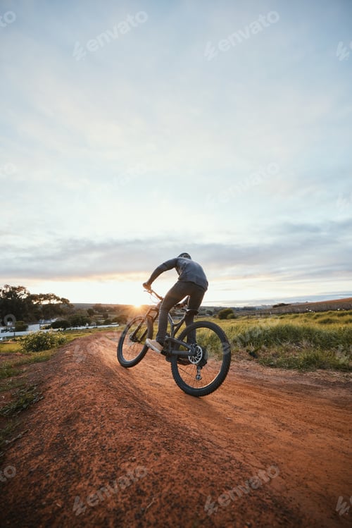 Preview: Sports, cycling and man on bicycle in countryside for training, workout and exercise in nature. Fit