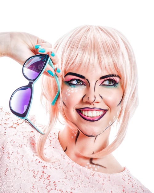 Preview: Girl With Sunglasses And Makeup In The Style Of Pop Art On A White Background. The Girl In Pink Wig