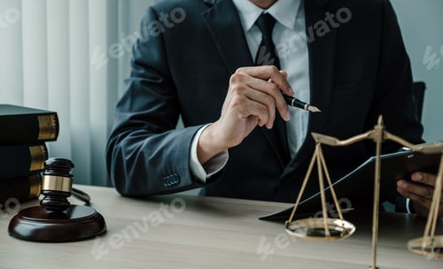 Preview: Lawyer hand holding pen and providing legal consult business dispute service to man at the office
