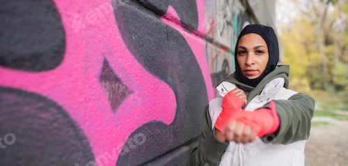 Visualização: Retrato de uma jovem muçulmana com luvas esportivas, em frente ao grafite.