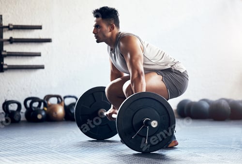 Preview: Workout, weightlifting and man doing deadlift training with strength, weights and motivation in fit