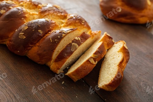 Preview: Easter greek tsoureki braid, sweet bread brioche on wood