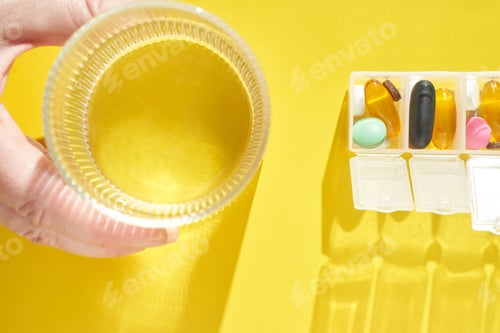 Preview: Hand holding water glass with assorted pills and vitamins on bright yellow