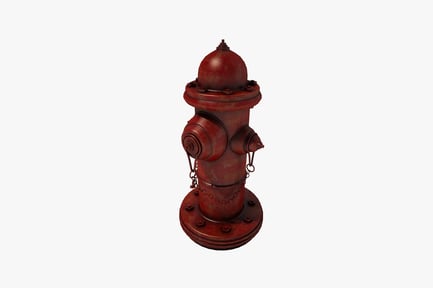 Preview: Weathered red fire hydrant with valves and chains