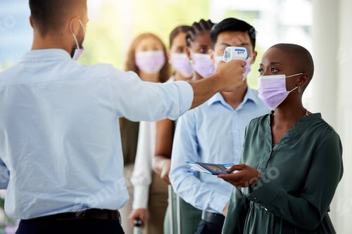 Preview: Covid, travel and passport at airport security with thermometer check and black woman. Vaccine, imm