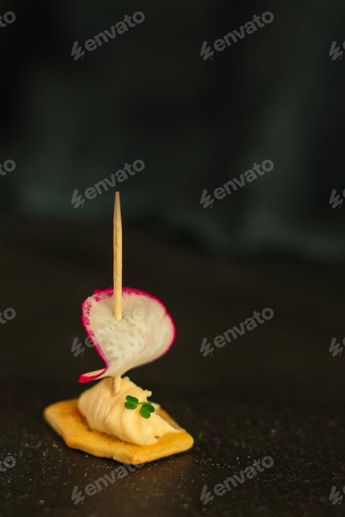 Preview: Radish, Canape Sandwich Appetizer, Salad Snack With Cream Cheese, Vegetables And Herbs. Food
