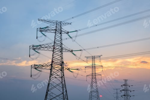 Preview: transmission line tower in sunset