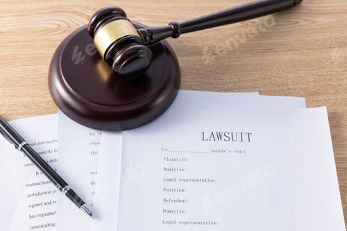 Preview: Selective focus shot of the judge's gavel on a document of the lawsuit