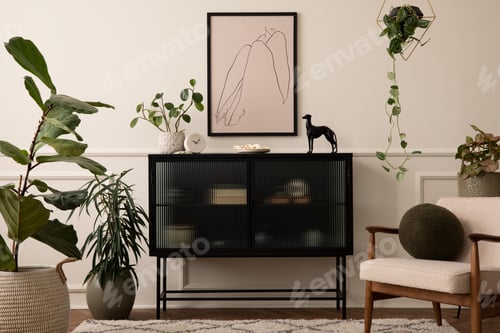 Preview: Elegant living room interior with plants, armchair, rug and personal accessories Home decor Template