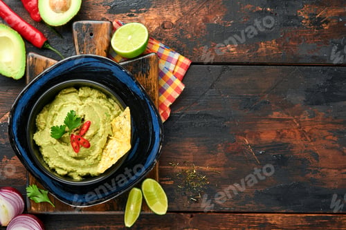 Preview: Guacamole. Traditional latinamerican Mexican dip sauce in a black bowl with avocado and ingredients