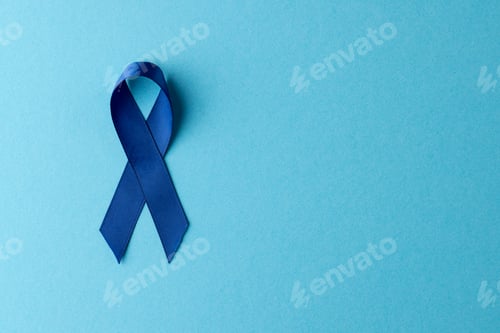 Preview: Composition of blue ribbon for prostate cancer awareness, on blue background with copy space