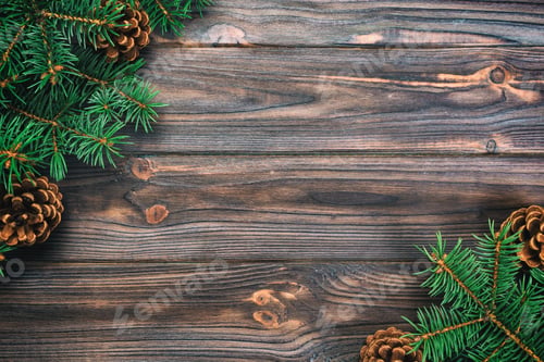 Preview: Christmas vintage, toned gray wooden background with fir tree frame and cones copy space