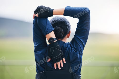 Preview: Fitness, workout and woman stretching her arms for outdoor training for a race, marathon or competi