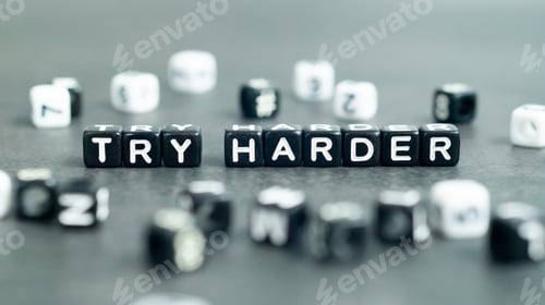 Preview: Try harder motivation inspiration quote in black letter block beads. Success, persistence concept