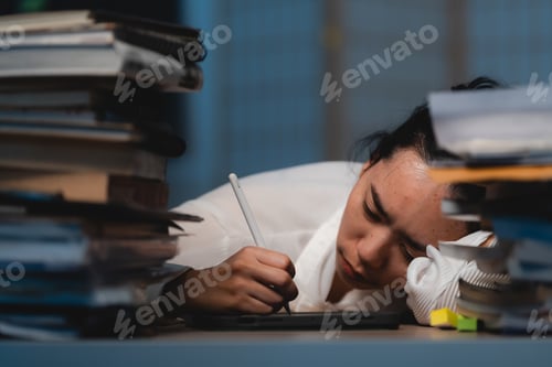 Preview: Late-night freelancer, Dedicated Asian woman working overtime on laptop computer, meeting deadlines