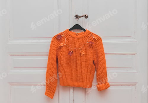 Preview: Orange sweater with a hanger on the door.