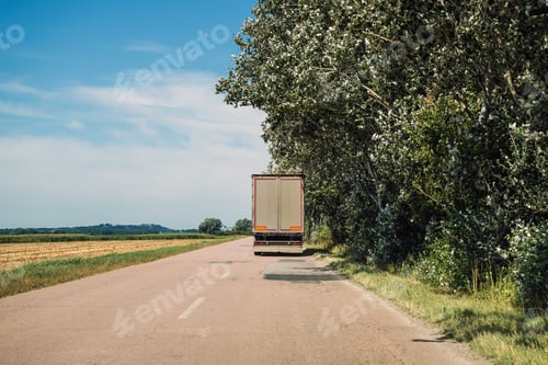 Preview: Trucking and freight transportation, rear view of large semi-truck driving along the road