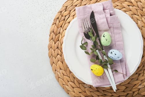 Preview: Easter table setting. Easter dinner with multicolored easter eggs. Elegance pastel and pink tablesca