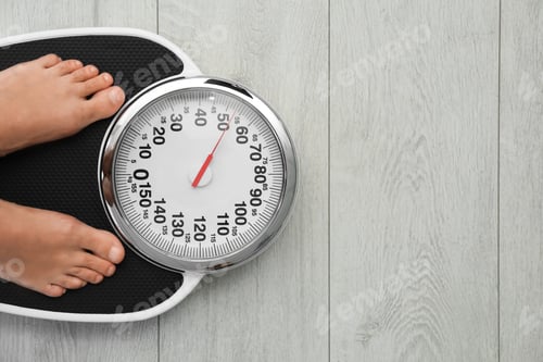 Preview: Woman standing on scales indoors, top view with space for text. Overweight problem