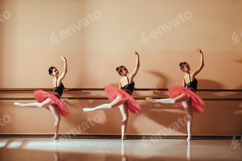 Preview: Full length of graceful teenage ballerinas practicing at ballet studio.