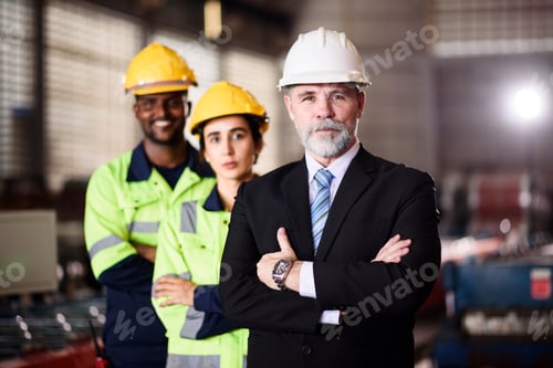 Preview: Portrait of Confident Factory Manager With Diverse Engineering Team Standing in Industrial Warehouse
