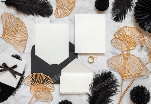 Preview: Cards and envelope on marble table near black feathers and golden leaves. Wedding mockup