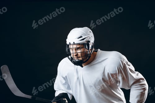 Preview: Image of ice-hockey player in white sportswear holding hockey stick