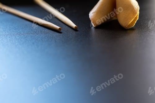 Preview: Fortune cookies on black background with chopsticks and copy space.