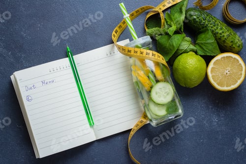 Preview: Nutrition plan diet menu. Healthy detox water with lime, lemon, cucumber and mint