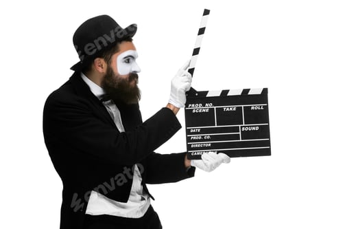 Preview: man in the image mime with movie board