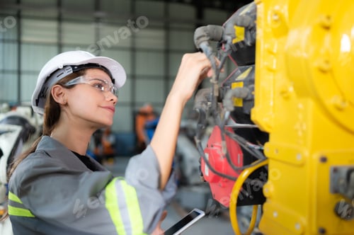 Preview: A female engineer installs a program on a robotics arm in a robot warehouse.