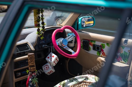 Preview: Interior shot of a decorated Japanese sports car.