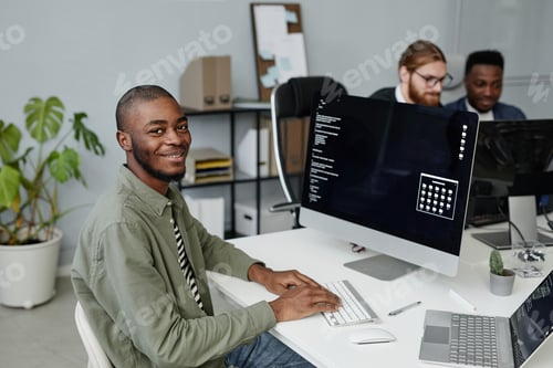 Preview: Happy young African American diversity programmer in casual clothes