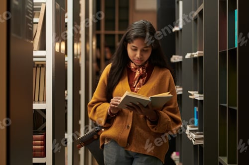 Preview: Young Asian Woman Reading Book While Standing between Bookshelves