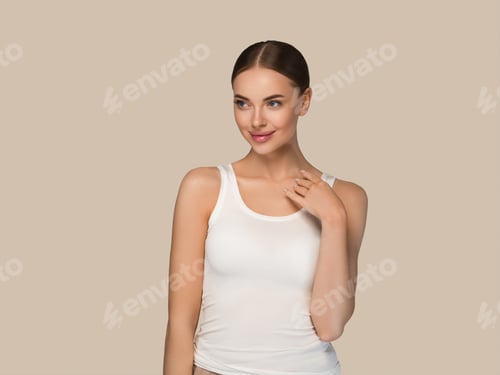 Preview: Beauty healthy skin women touching face cosmetic studio portrait. Sportswear color background brown