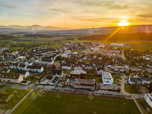 Preview: Aerial panorama view to lake Zug and Swiss Alps with Mettmenstetten, Switzerland