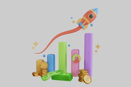 Preview: Rocket ship with financial growth symbols.