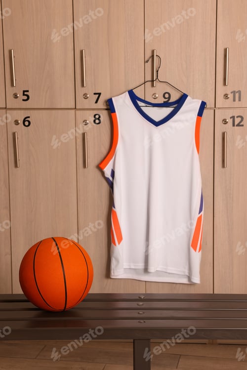 Preview: Orange basketball ball on wooden bench and hanger with uniform in locker room
