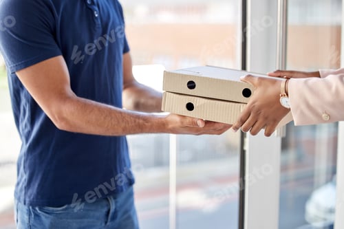 Preview: Courier, man and hands with customer for delivery in ecommerce with box for order at door. Male wor