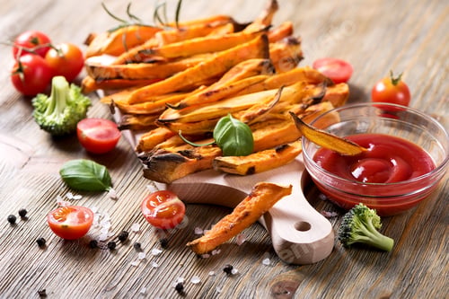 Preview: Sweet Potato Fries with Ketchup and Fresh Vegetables