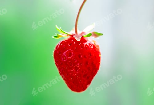 Preview: Red strawberries macro close up on green background. Strawberries macro texture with blurred