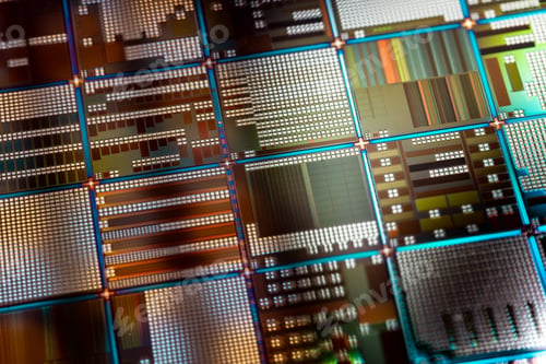 Preview: Silicon semiconductor wafer close-up.