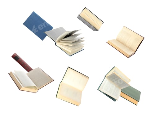 Preview: Old hardcover books flying on white background