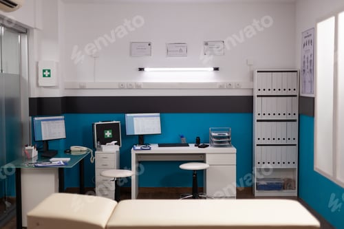 Preview: Empty hospital office with nobody in it having modern professional furniture
